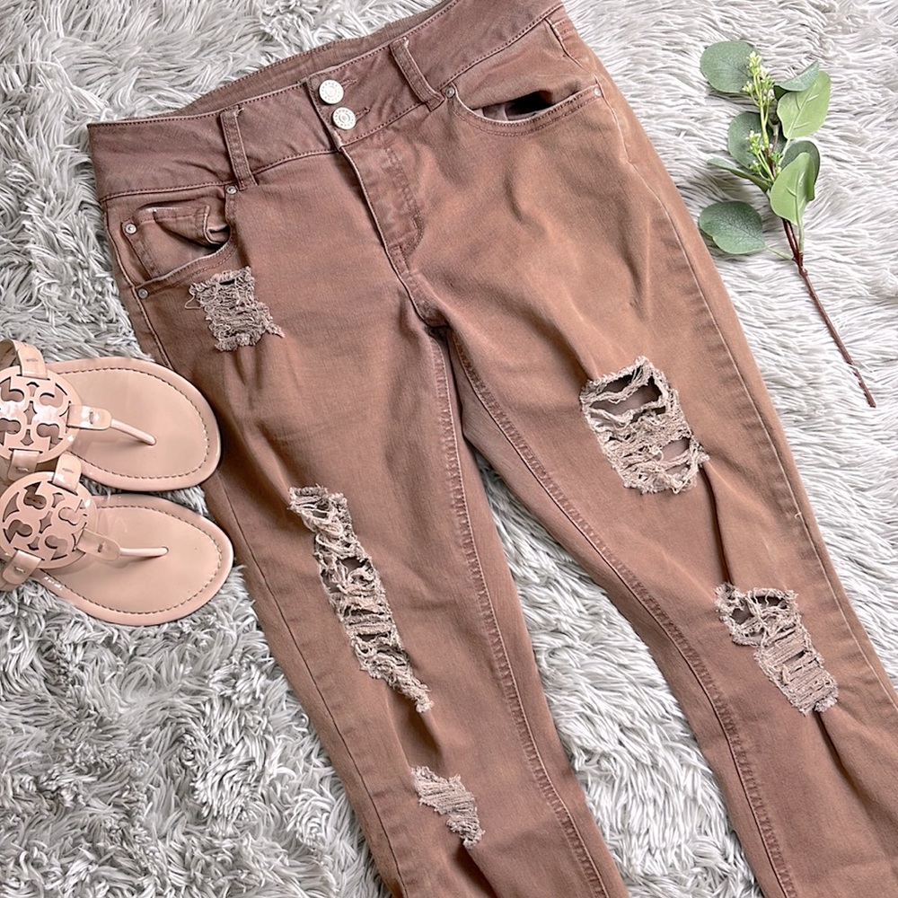 🌺refuge rose/peach distressed skinny jeans size 0